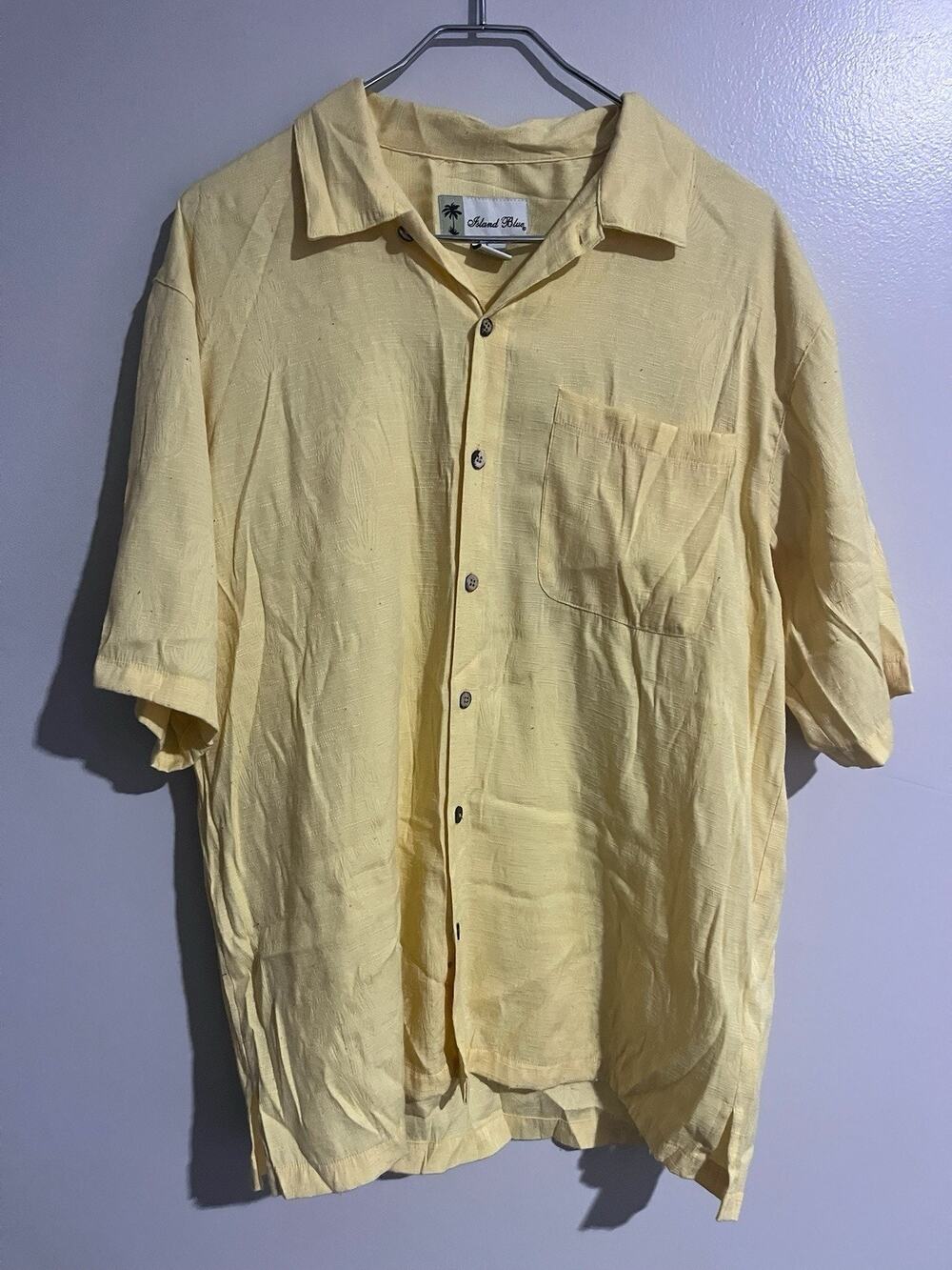 Island Blue Mens Yellow Wooden Button Up Short Sleeve Shirt Size L